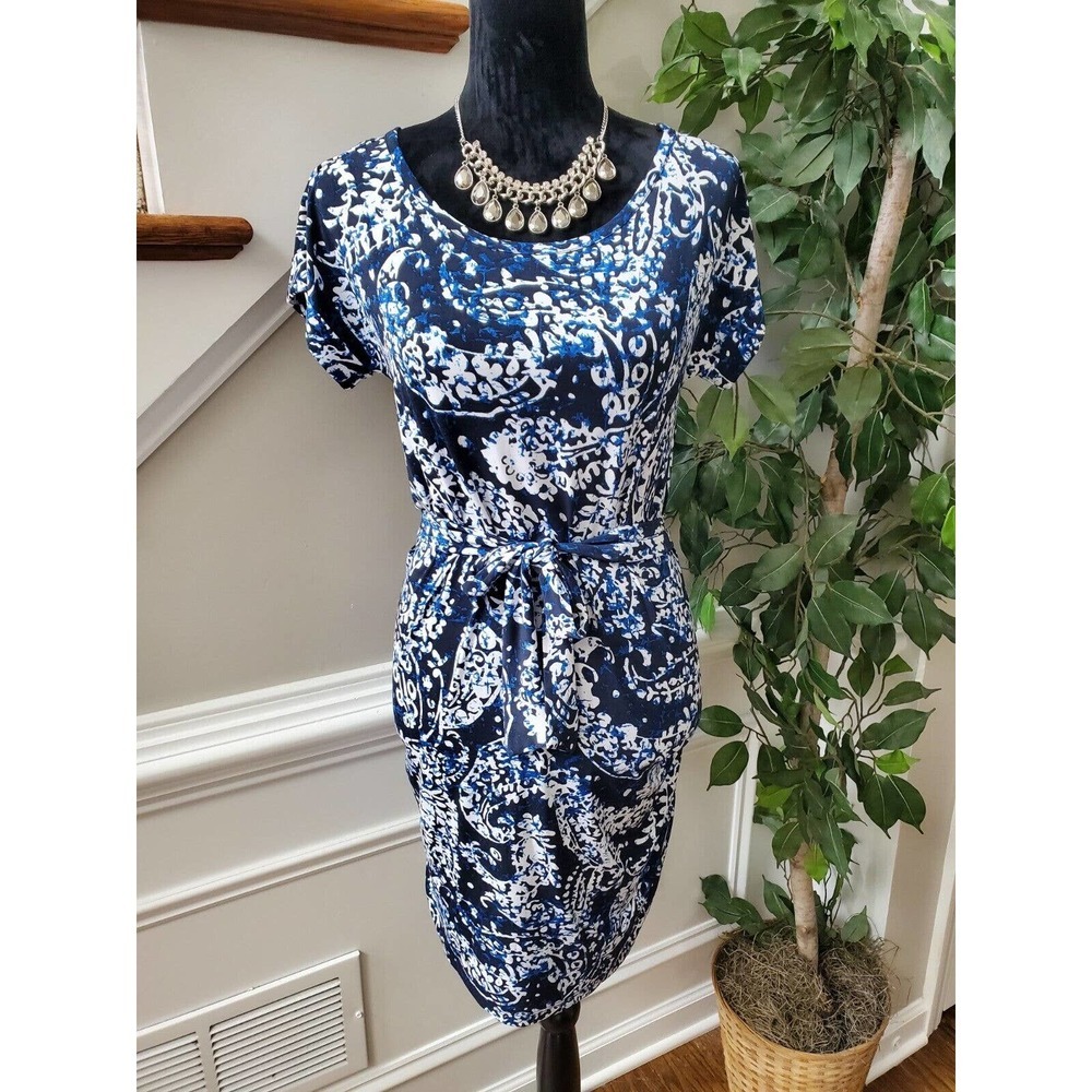 Michael Kors Women's Blue Polyester Round Neck Short Sleeve Knee Length Dress S
